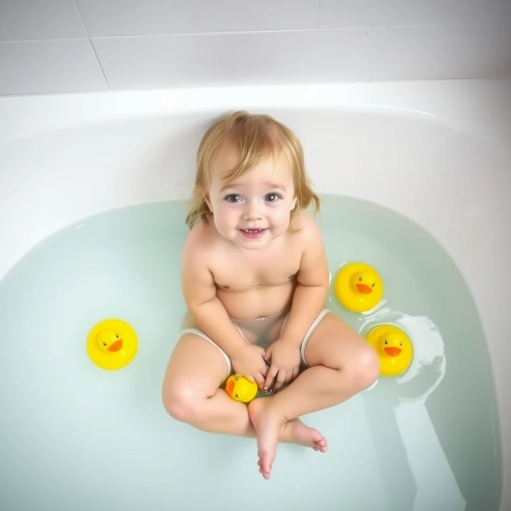 toddler girl taking bath in bathtub with clear water, sitting cross-legged with yellow rubber ducks