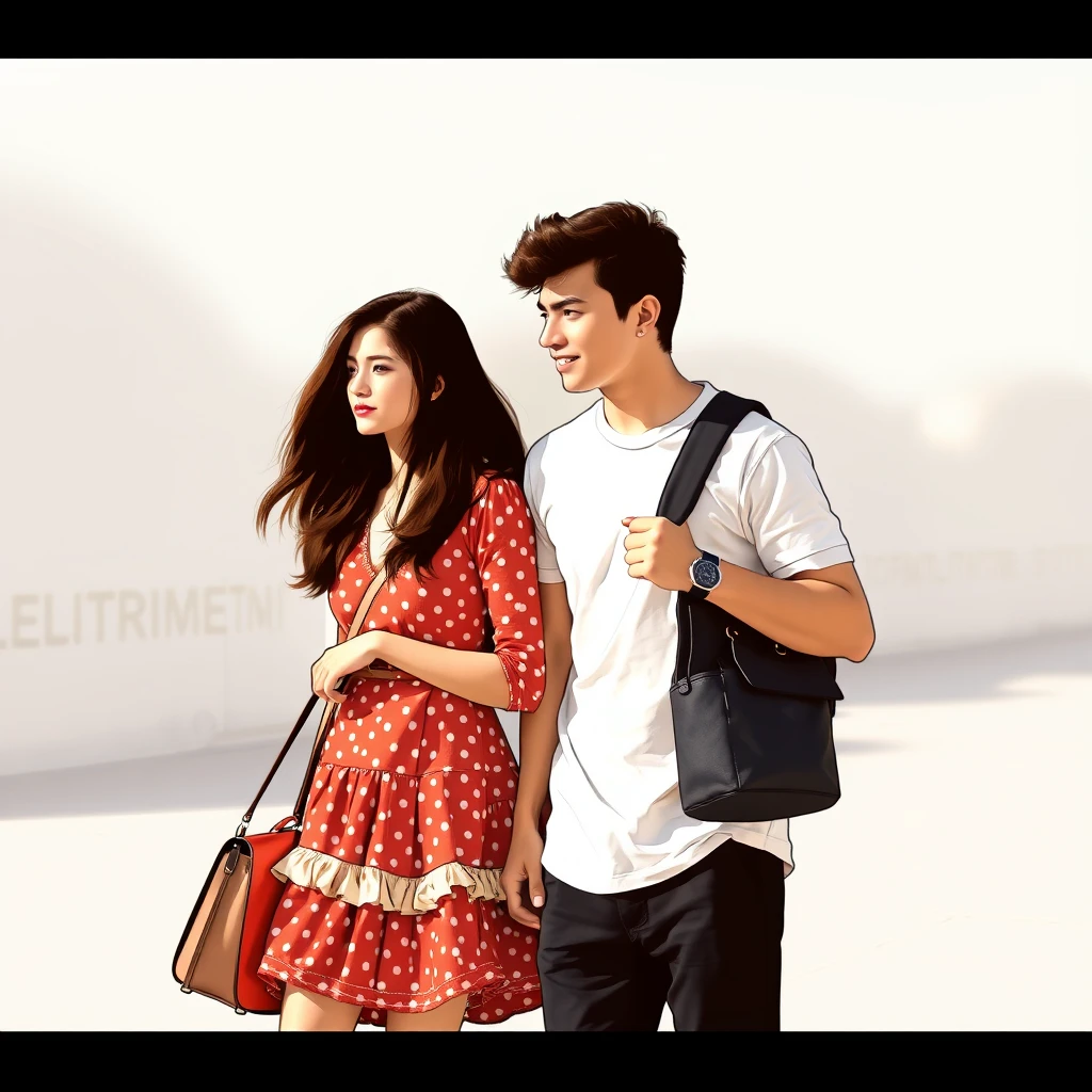 couple, daily, lifetime, full length, young, play, lineart, handbag, frill, fashion - Image