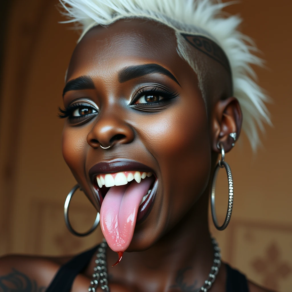 Beautiful black woman, fangs, split tongue, nose ring, side shave, shaved head, white Mohawk, nose rings, earrings, piercings, head tattoo, tattoos. - Image