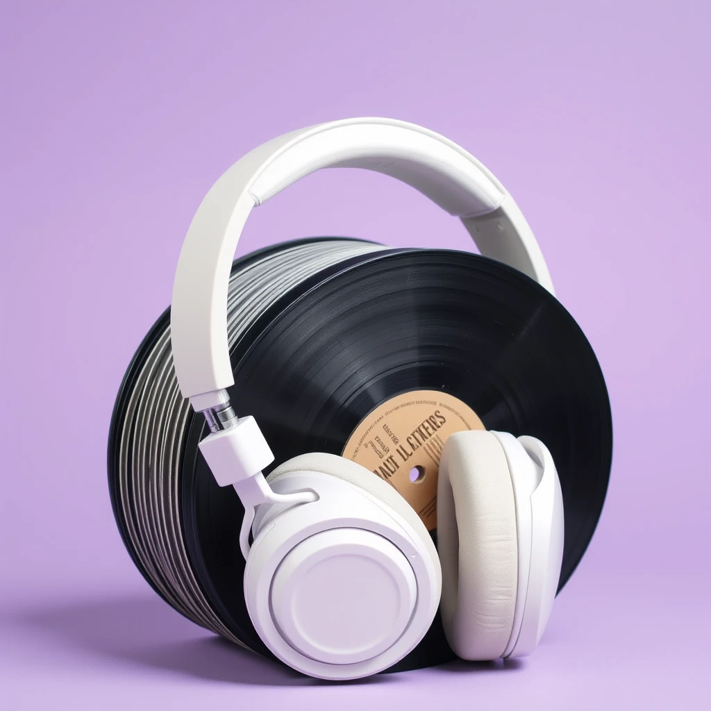 White pair of over-ear headphones clamping together a small number of vinyl records. Isolated against a light purple background.