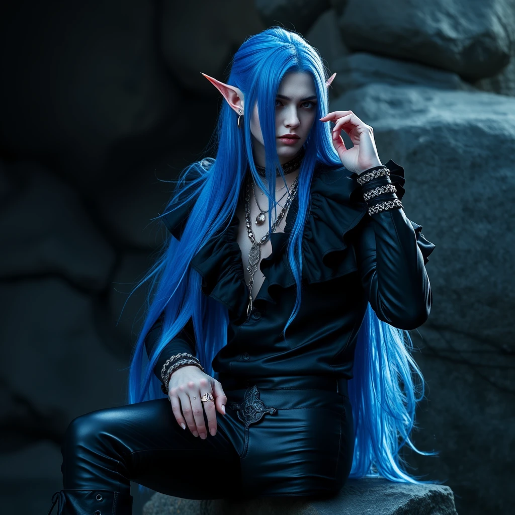 a handsome High Elven goth boy with long blue hair, pointy ears, black ruffled shirt, tight black leather trousers, silver jewelry, pointy leather boots