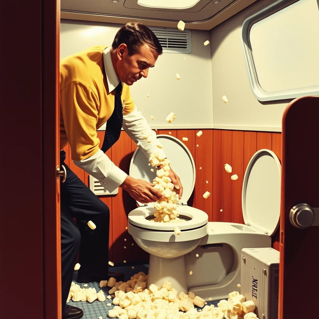 Mr. Scott plunges a toilet on the USS Enterprise; feces splatter everywhere, as depicted by Arthur Sarnoff in 1965.