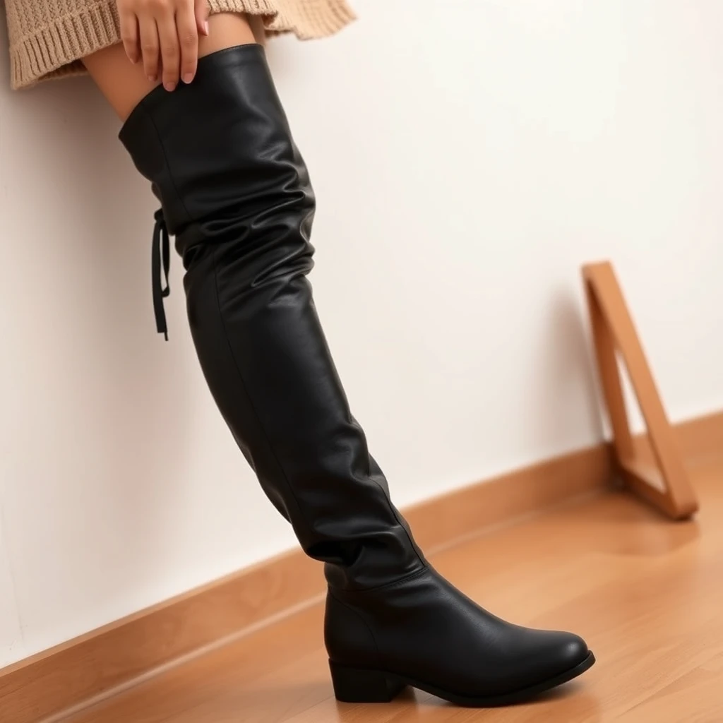 "A girl wearing black over-the-knee boots, in true high definition."