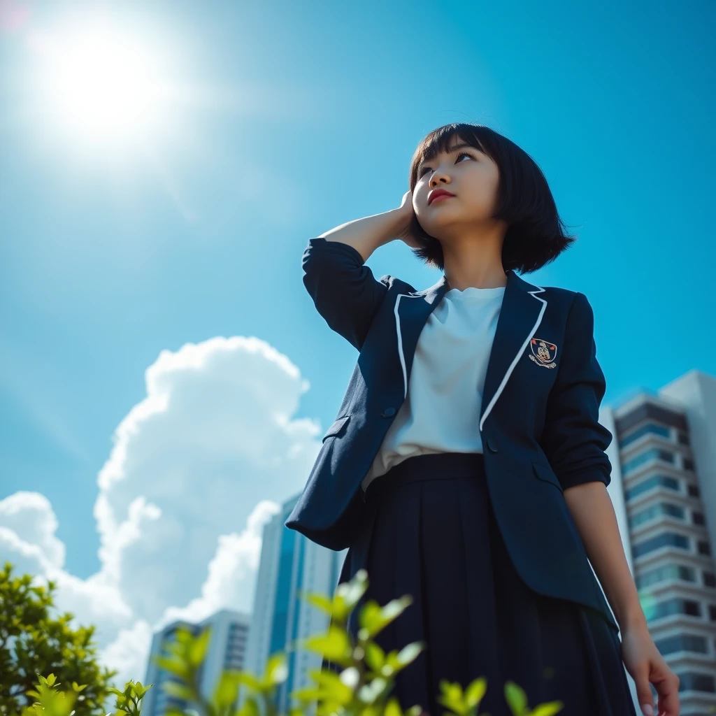 A Japanese high school girl with short black bob hair, wearing a traditional Japanese school uniform consisting of a white blouse, a navy blue skirt, and a navy blue blazer with a school emblem. She is standing outdoors under a bright blue sky with large, fluffy white clouds. The background includes a cityscape with modern high-rise buildings. The composition captures her from a low angle, emphasizing the vast sky and clouds behind her. The sun is visible in the upper left corner, creating a strong lens flare effect. The girl is looking up and slightly to the side with a serene expression. She is not holding anything above her head. The lighting is bright and creates high contrast, typical of a sunny summer day. Some green foliage is visible in the foreground, likely from trees or bushes. The overall scene has a crisp, clean aesthetic with vivid colors, capturing the essence of a bright, clear day in an urban environment. - Image