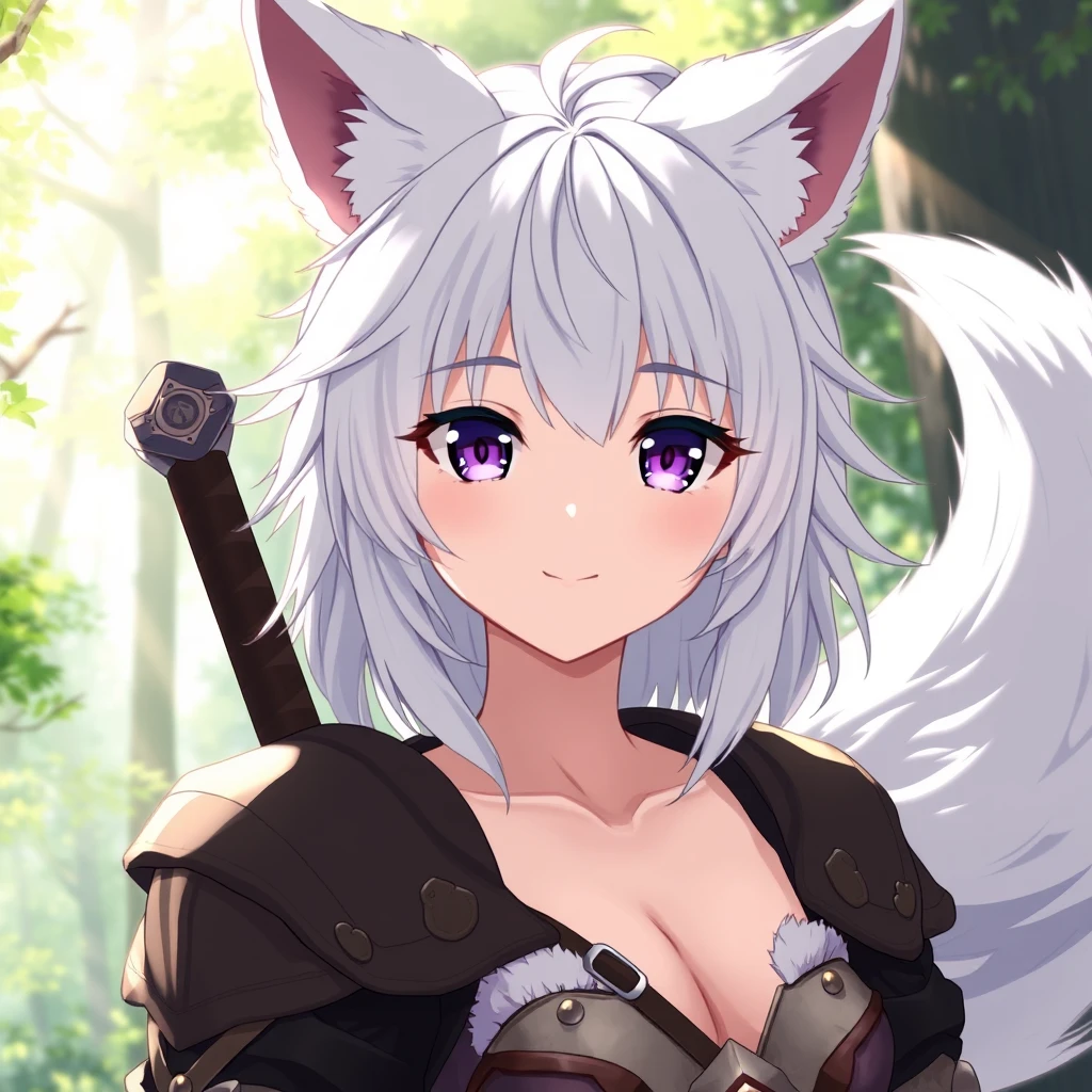 1 anime girl with fluffy wolf ears and a fluffy tail, white messy medium hair, purple eyes, beautiful, bangs, fair skin, medium breasts, leather armor, sword, forest, dappled sunlight, upper body, looking at viewer.