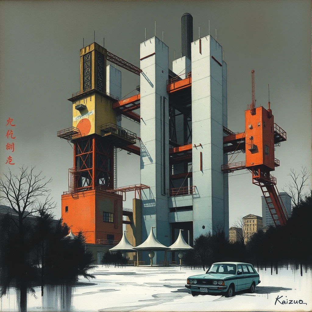 Gouache painting moody brutalist megastructure assembly drawing concept by (((Kazuo Oga))). - Image