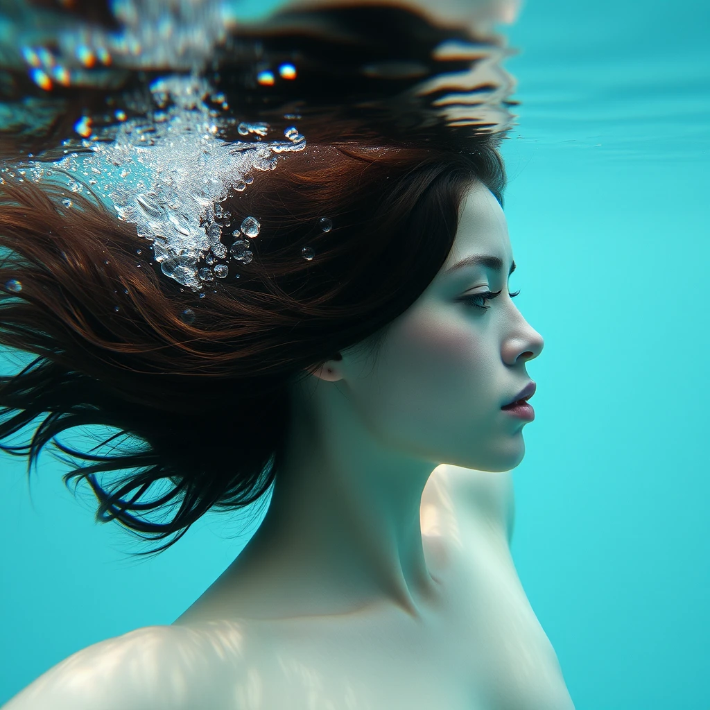 A young woman underwater. Life and sensitivity. Perfection. Beauty. Attraction. Supple. Form. Curves. - Image