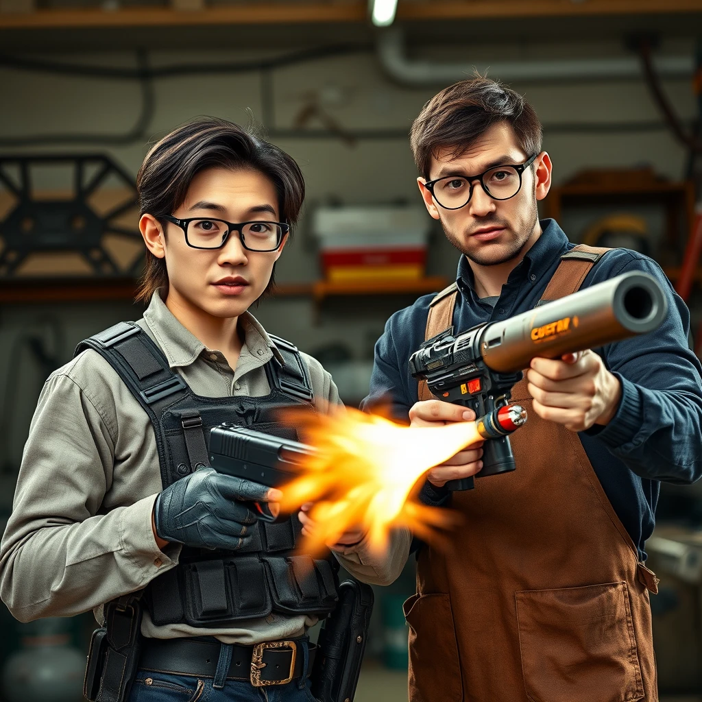 21-year-old white thin long-faced adult northern Chinese man with a square chin, wearing square glasses, holding a pistol, with medium/long length hair, and a tactical chest rig; 21-year-old Caucasian Italian man wearing round glasses and short hair, holding a very large fire extinguisher flamethrower, wearing a welding apron; garage setting; both angry.