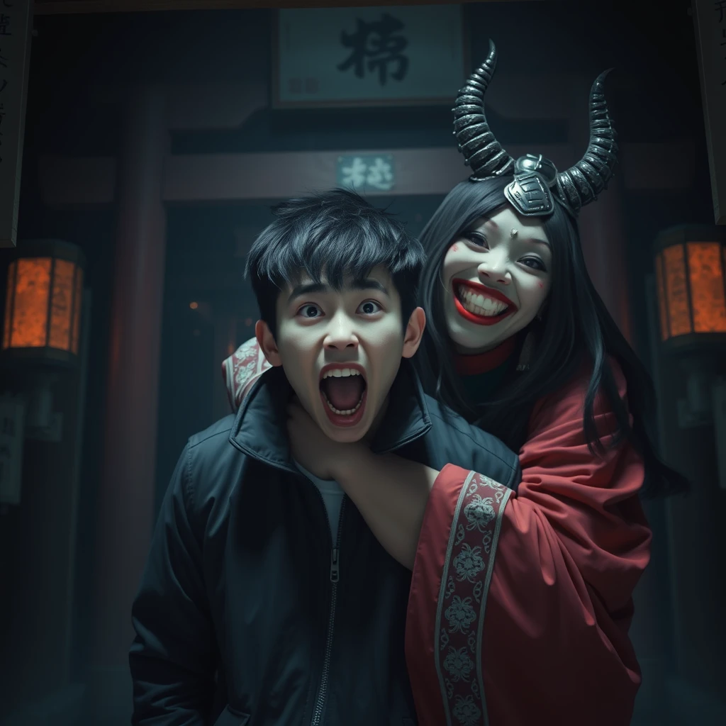 A young Asian man in a jacket is inside a Japanese shrine, surrounded by darkness, looking surprised and screaming at the viewer, as a beautiful oiran with an evil smile suddenly hugs him. - Image