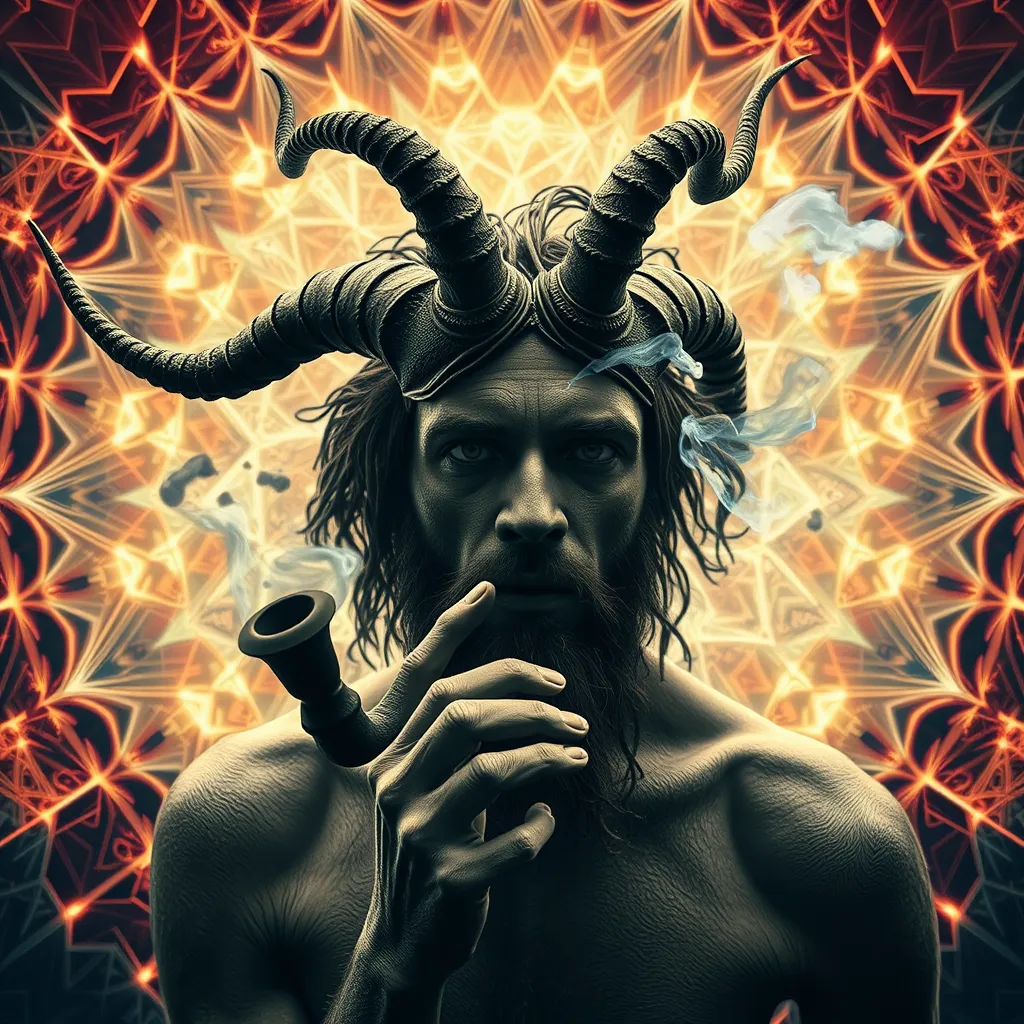 Satyr smoking DMT from a pipe and breaking through to another dimension full of geometric fractal patterns, HD photography. - Image