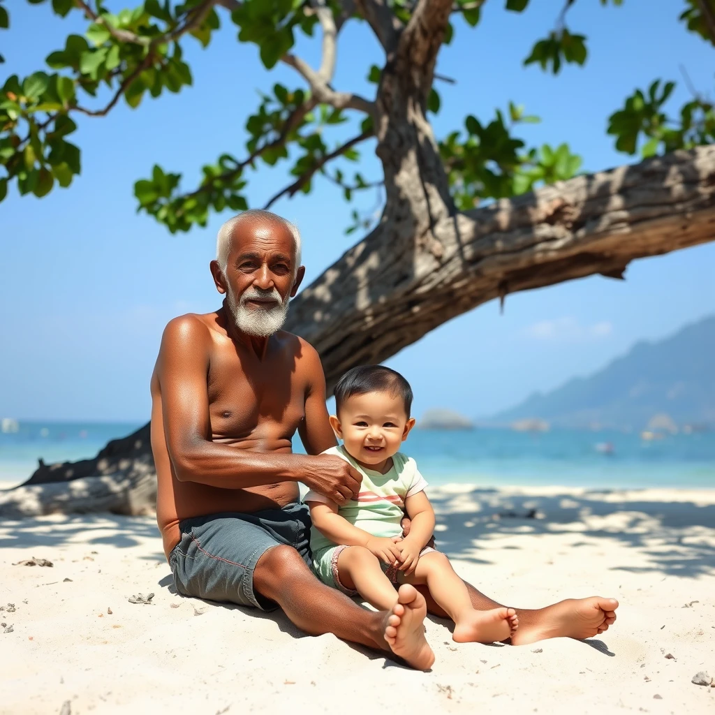 Old man with his grandchild sitting on a beach in Thailand under a tree.