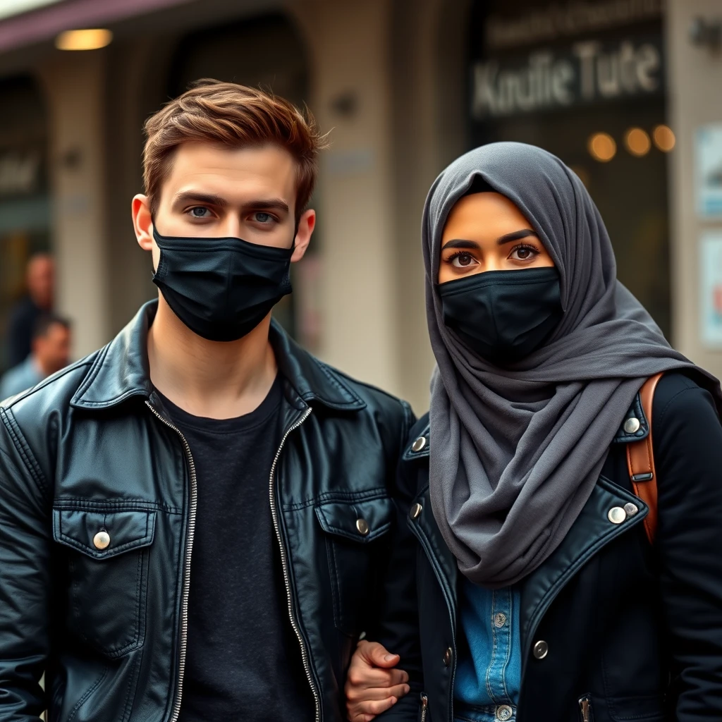 Jamie Dornan, handsome, black face mask, black leather jacket, jeans, dating, love couple with the biggest hijab Muslim girl, beautiful eyes, black face mask, jeans jacket, biggest, hyper-realistic, street photography. - Image