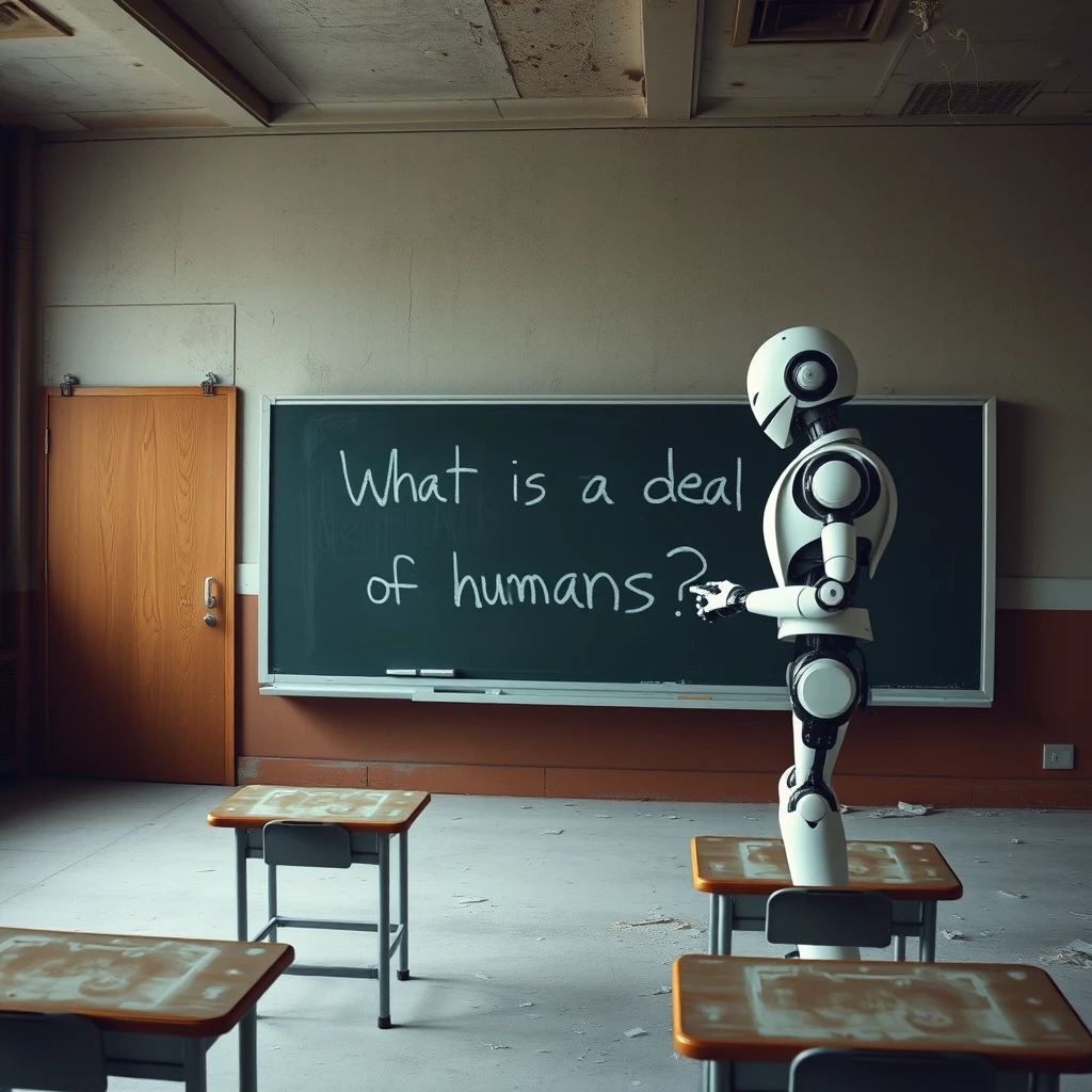 "What is the deal with humans?" a robot writes on a chalkboard inside of an abandoned classroom. - Image