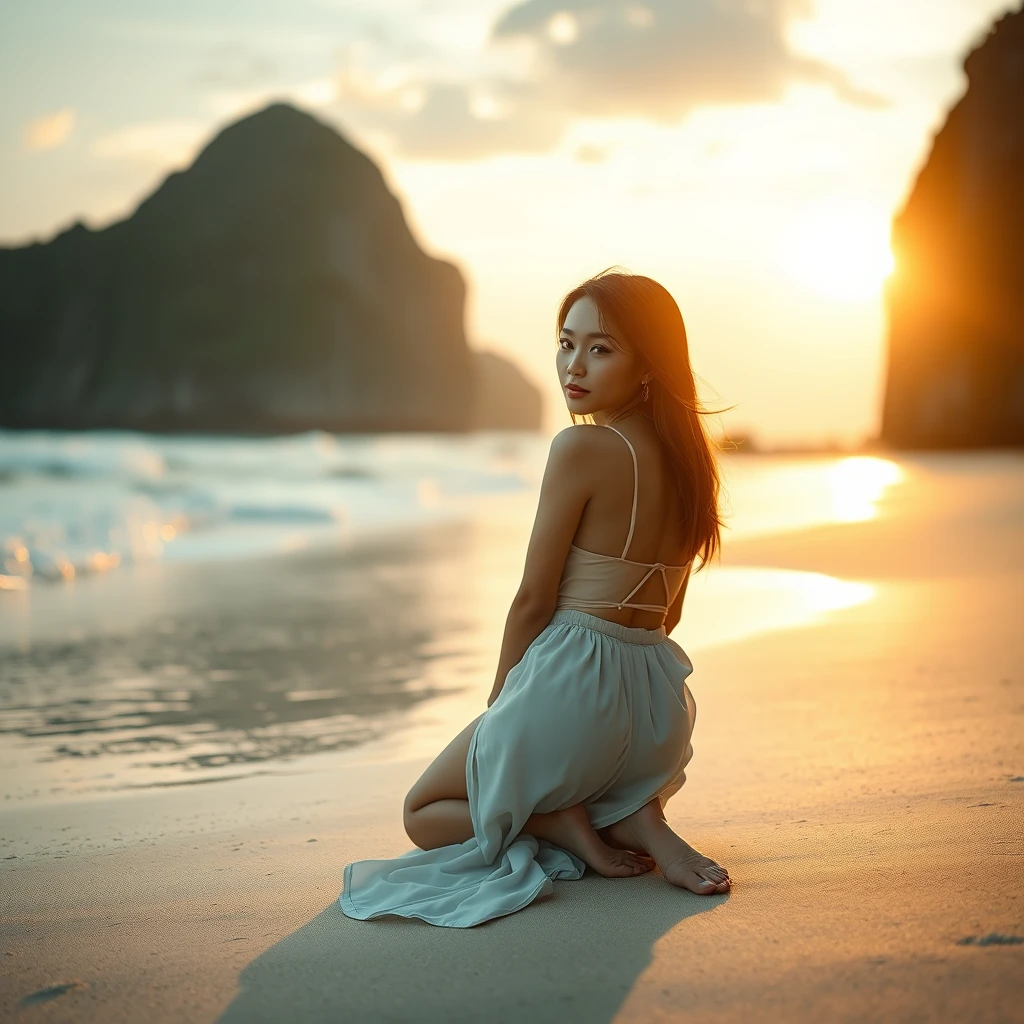 Immerse yourself in the captivating photo of a stunningly beautiful petite Thai woman standing on her knees, looking back at the viewer in a full body shot, laying on an enchanting beach in Thailand. This cinematic photoshoot, meticulously crafted, showcases her beauty with precision. Shot with a 25mm lens, depth of field and tilt blur create a compelling narrative. With settings like a 1/1000 shutter speed, F/22 aperture, and calibrated white balance, the breathtaking 32k resolution reveals remarkable details. Super-resolution preserves nuances, while Pro Photo RGB enriches colors. Lighting techniques, from half rear to backlighting, accentuate elegance. Volumetric, Conte-Jour, and global illumination add depth. Scattering, reflections, and artistic elements enhance realism. Technical advancements like anti-aliasing and ambient occlusion refine quality. Prepare for an extraordinary blend of photography and CGI, where intricacy meets grace.