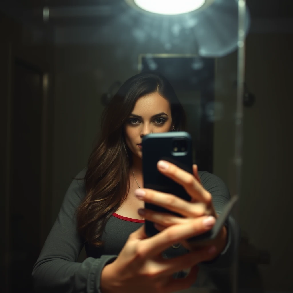 Phone photo: A woman super hero stands in front of a mirror capturing a selfie. The image quality is grainy, with a slight blur softening the details. The lighting is dim, casting shadows that obscure her features. Her expression is casual while the old iPhone struggles to focus, giving the photo an authentic, unpolished feel. The mirror shows smudges and fingerprints, adding to the raw, everyday atmosphere of the scene.