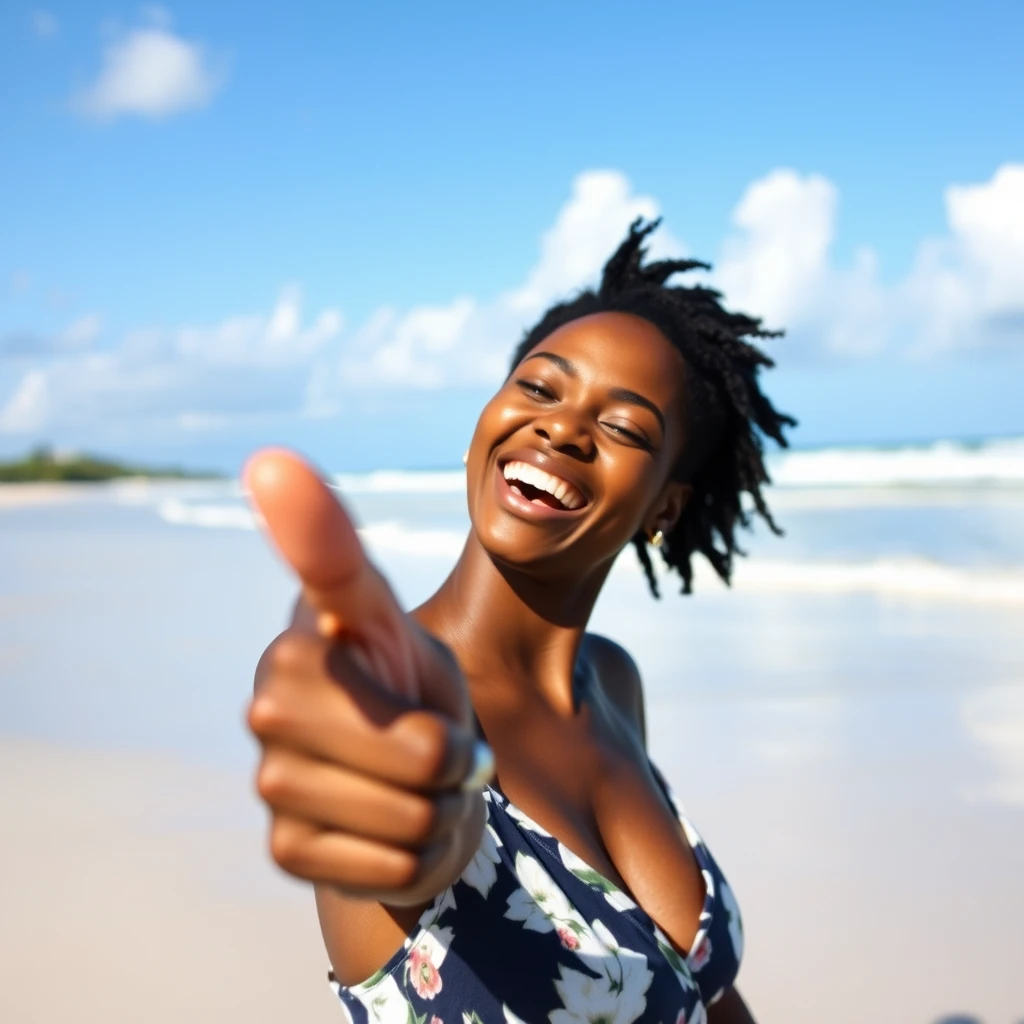 A beautiful African-American woman laughing on the beach, pointing at the camera.