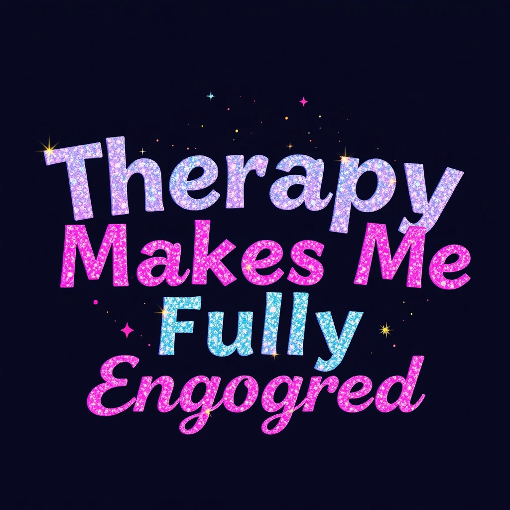 T-shirt design of fantastic vibrant glittery but ethereal text that says "Therapy Makes Me Fully Engorged". - Image