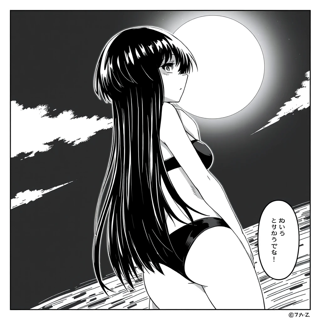 Girl with long, black hair in a black bikini. In the background, a black sky with a big, bright moon. Manga, grayscale.