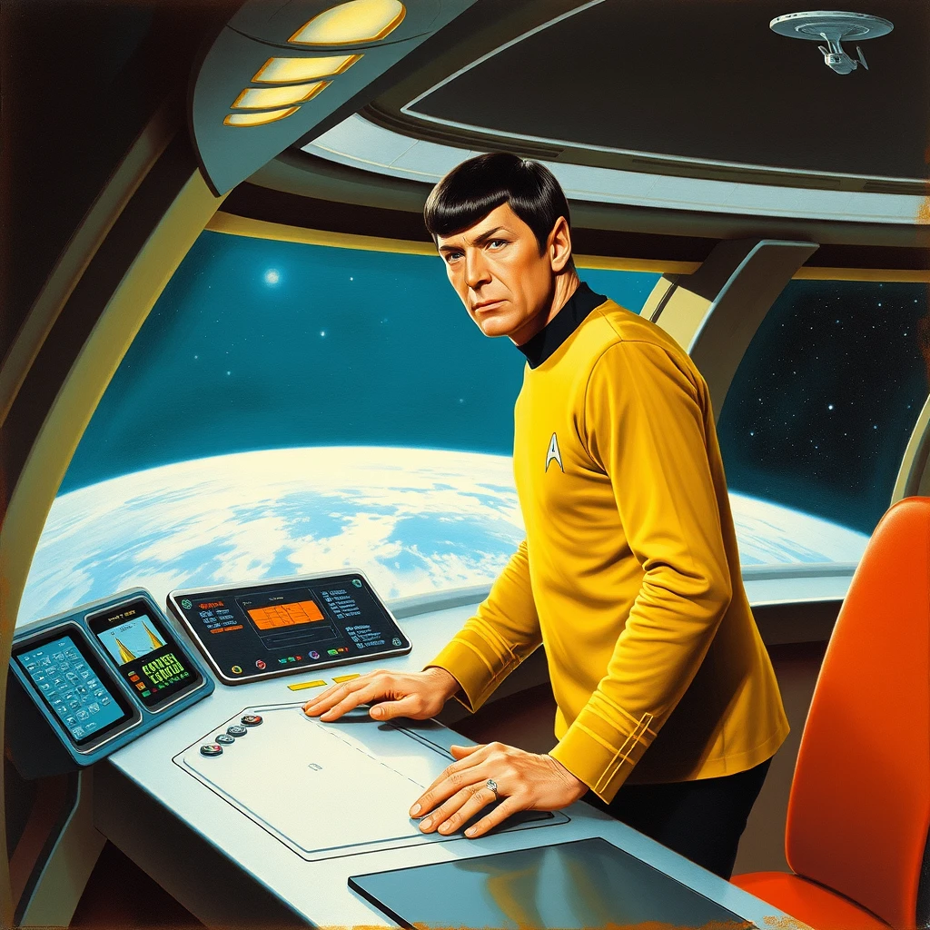 Mr. Spock on the bridge of the USS Enterprise, as painted by Arthur Sarnoff 1965. - Image