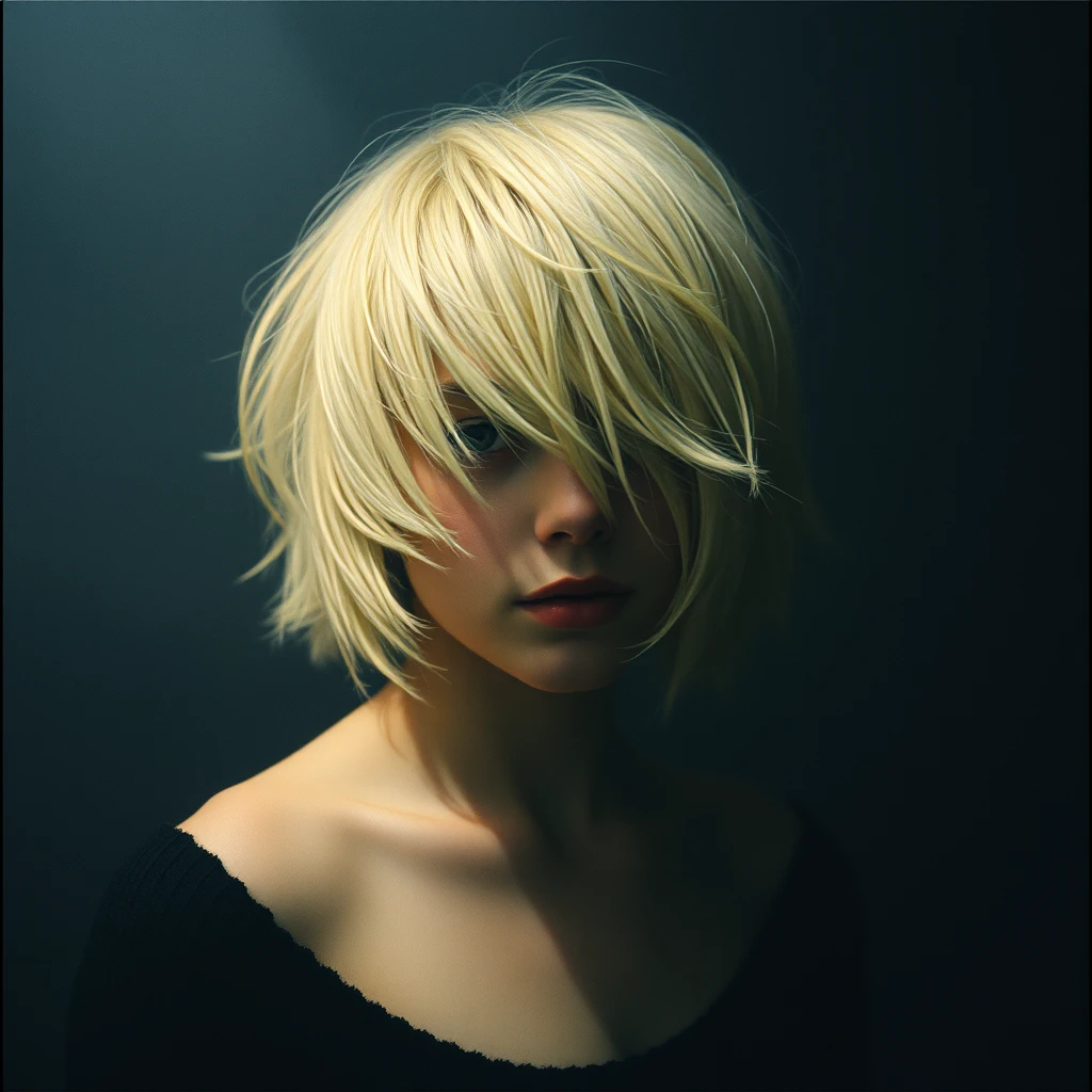 xxmix_girl, 1 girl, fluffy short hair, dark theme, blonde hair, messy hair, film grain, fog, black theme Tyndall.