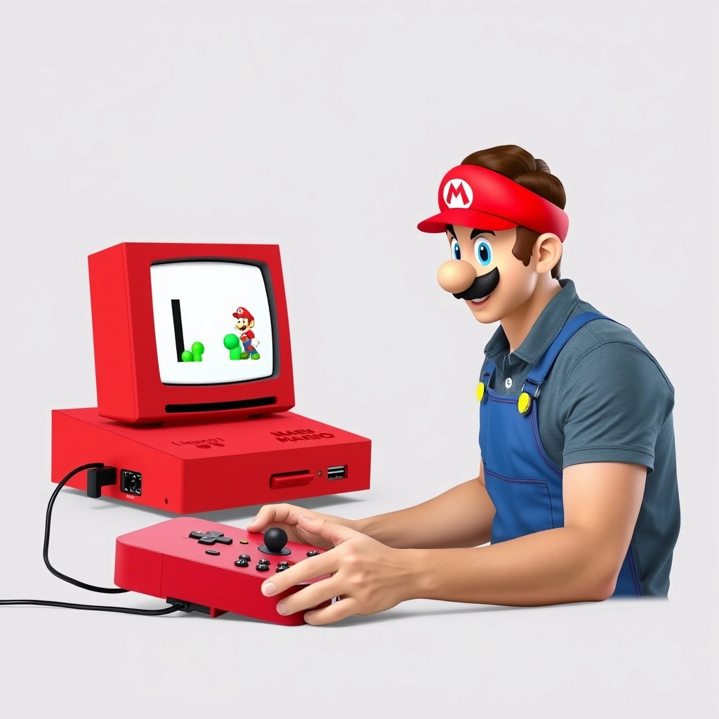 A man is playing Mario on a red Cisco console. - Image