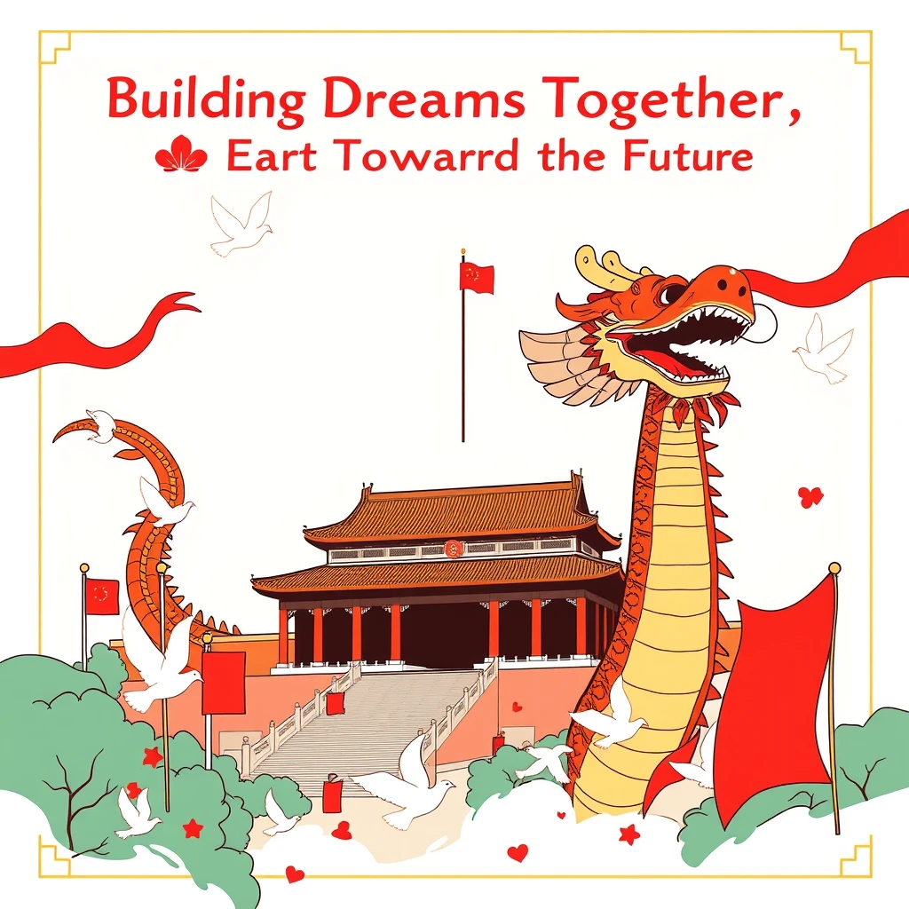 Theme: Building Dreams Together, A Heart Toward the Future. Content is healthy, with innovative ideas. The comic illustrates the tremendous changes that have taken place in the great motherland since the establishment of the People's Republic of China 75 years ago. A4 paper size, no text output, the image includes a Chinese dragon, Tiananmen, red flags, and doves of peace. - Image