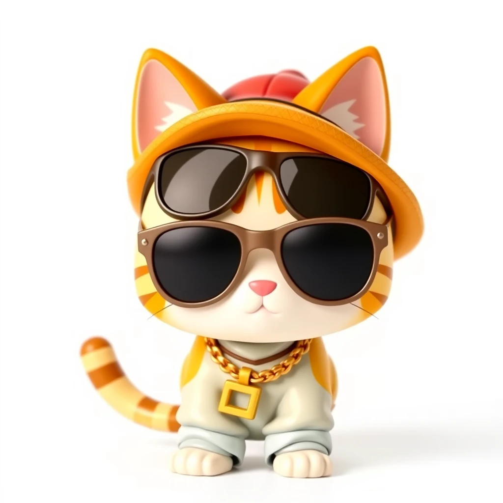 A cat figurine, 3D style, depicted in a cute Japanese chibi (two-head) style, wearing hip-hop style clothing such as oversized sunglasses, a gold chain, baggy pants, and a hat. Overall style is cartoonish and adorable, background is white.