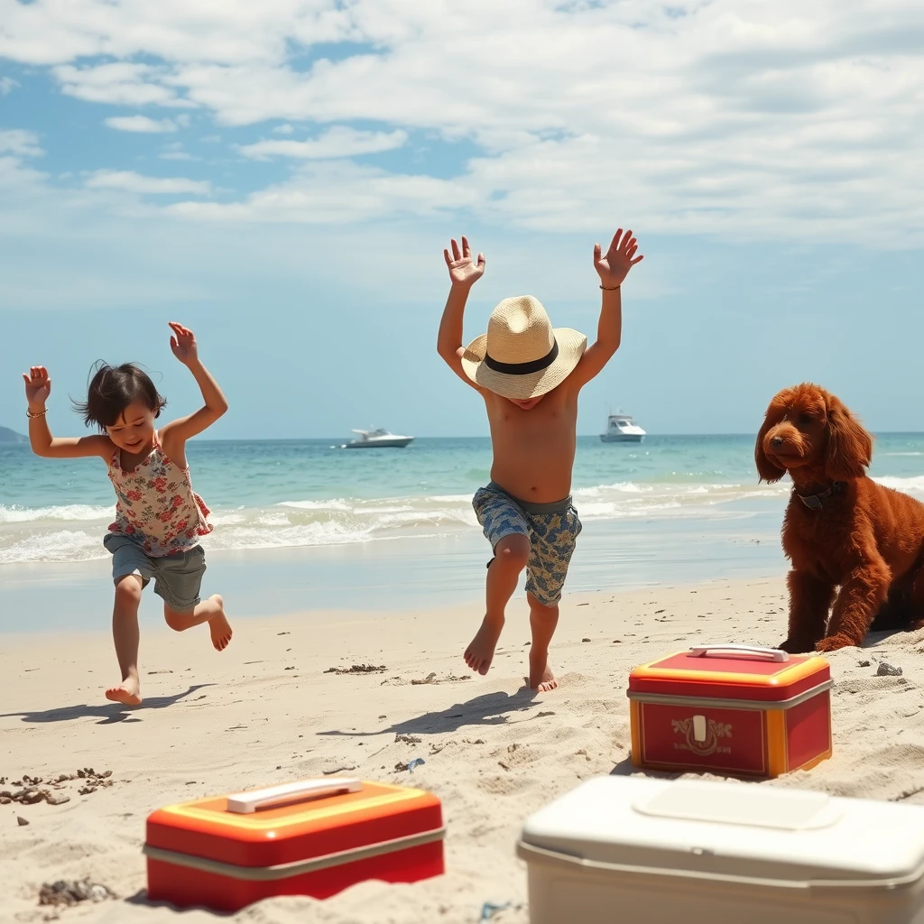 Three children running around on a beach with their hands in the air, sunny afternoon, scattered sky, two boats in the distance, a man lying in the sand with a sun hat, a red standard poodle on the right, a lunch box at the front.