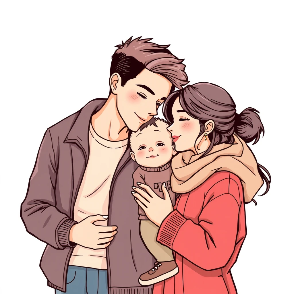 young couple's daily life, handsome boy, line art.