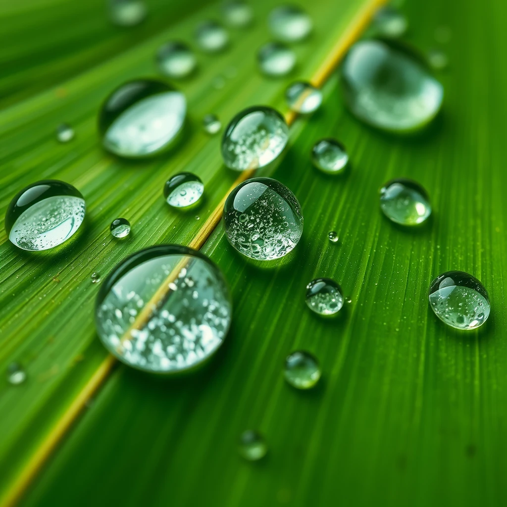 Water droplets on coconut leaf, macro, detailed, high resolution, professional. - Image