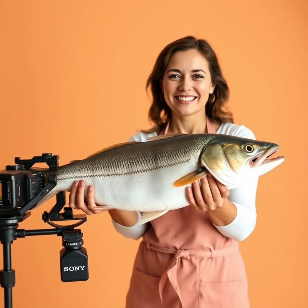 A beautiful contented woman holds a huge fish in her hands, wearing a beautiful clean apron, against a simple light orange background, filmed on a Sony camera.