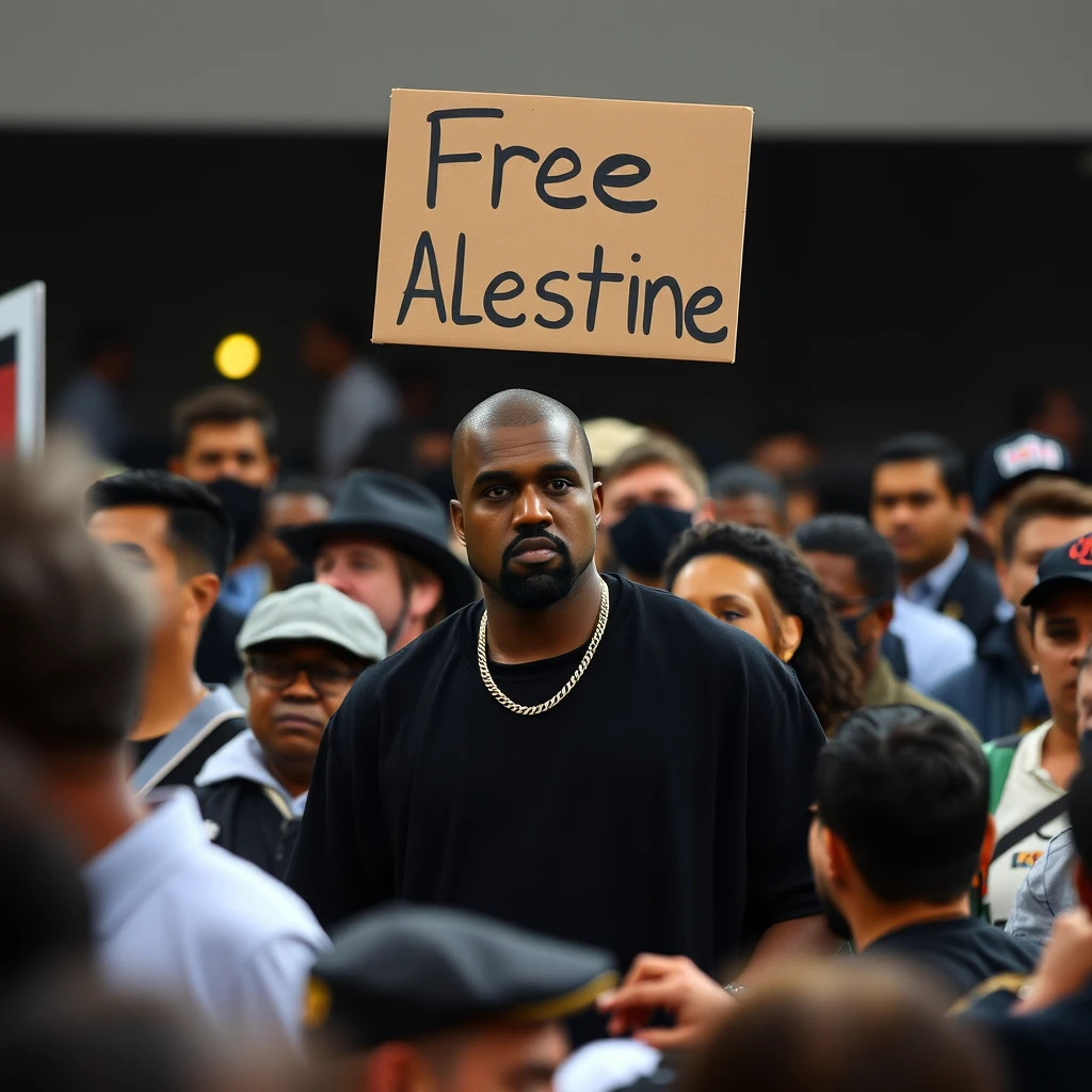 Kanye West standing in a crowd candidly with a sign he's holding up that reads, "Free Palestine". - Image