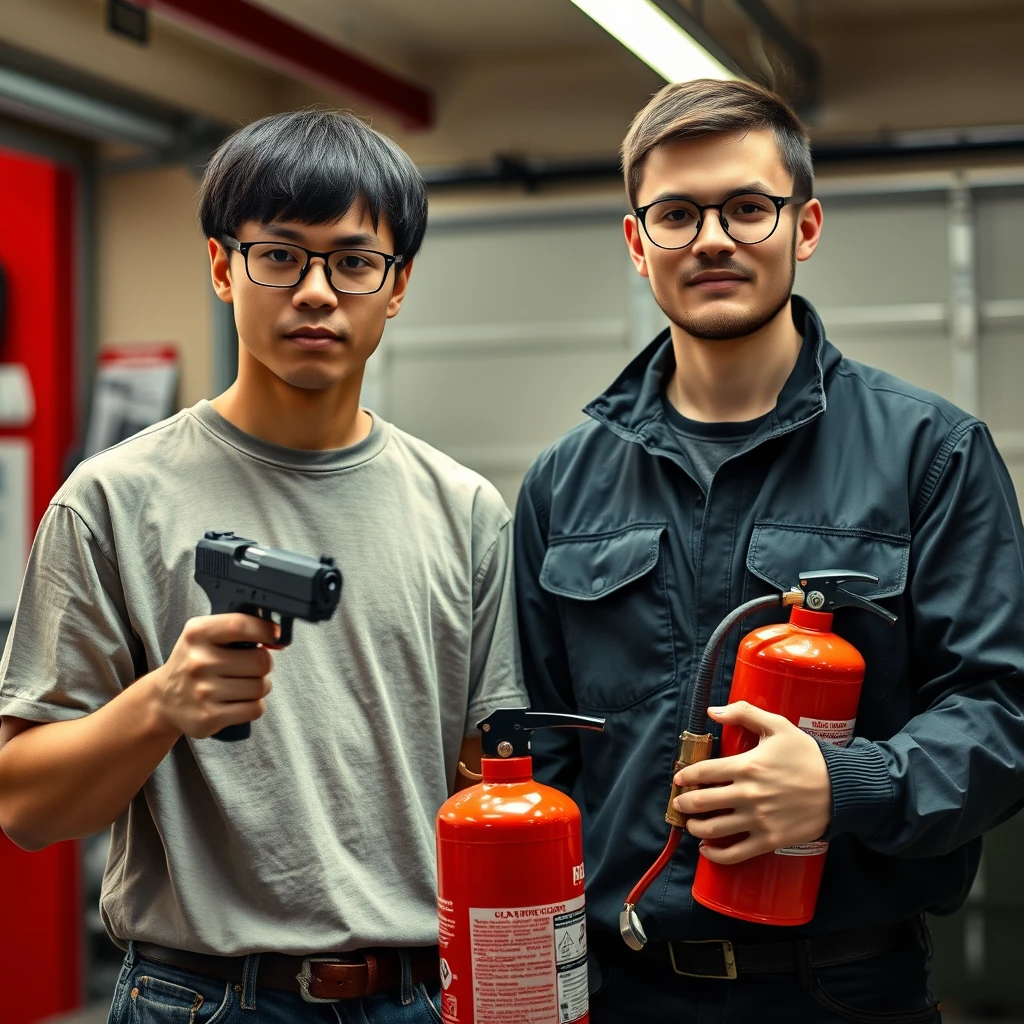 21-year-old white Chinese man with square glasses, long hair, holding a pistol; 20-year-old white Italian man with round prescription glasses and short hair holding a large fire extinguisher, garage setting.