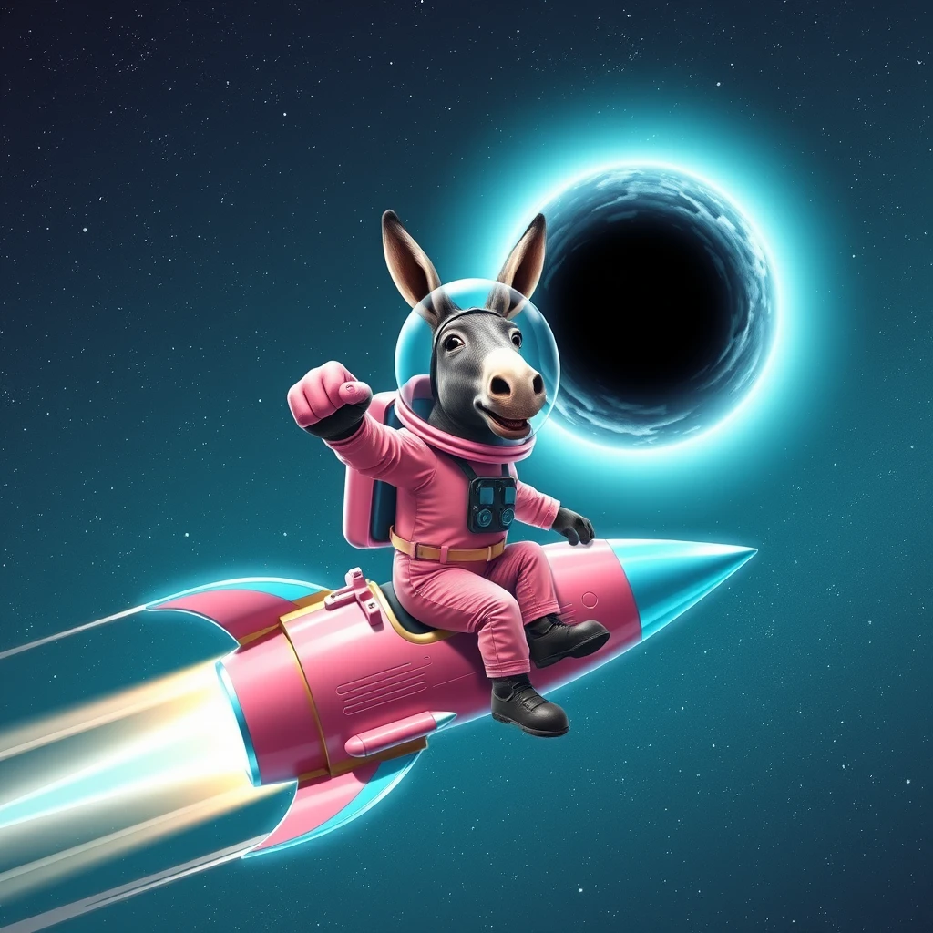 An ambitious donkey wearing pink astronaut costume, riding on a crystal light cyan stunning spaceship, making a punching gesture, flying to the outerspace under a clear night sky with lots of shining stars, passing by a huge black-hole. Realistic style.