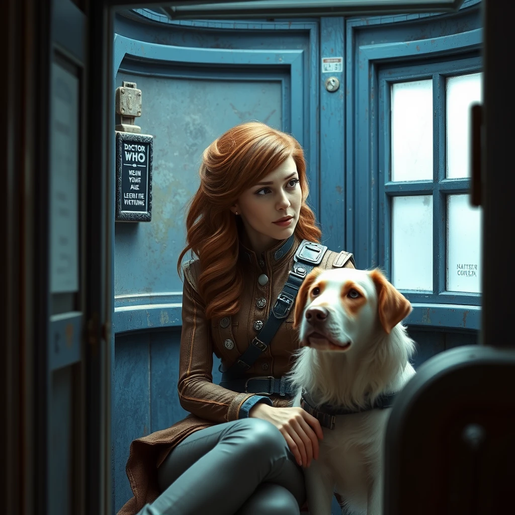 Realistic photo of Leela from Doctor Who sitting in the TARDIS talking to K9.