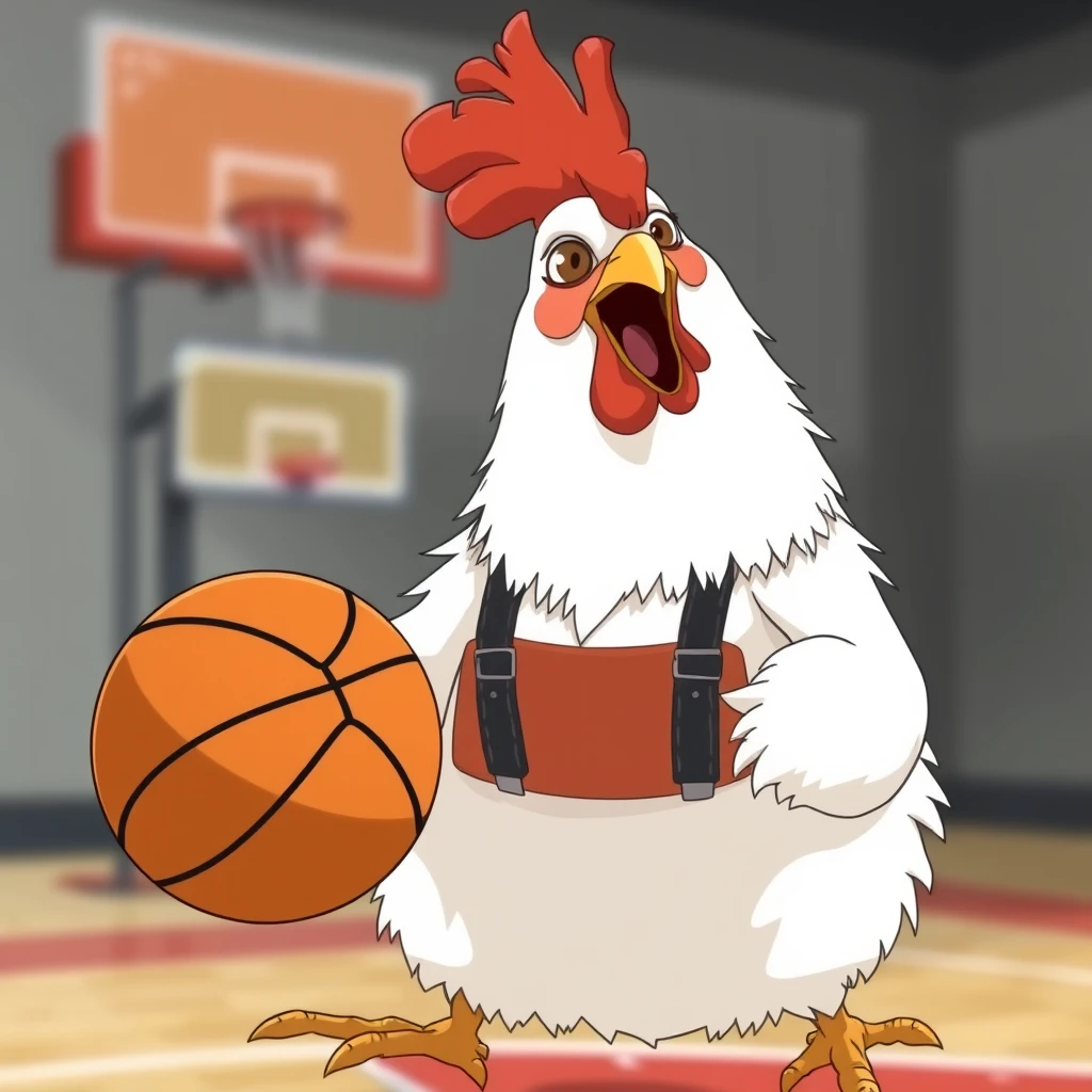 A chicken wearing suspenders and sporting a middle part hairstyle is playing basketball, in an anime style, anthropomorphized, exaggerated. - Image