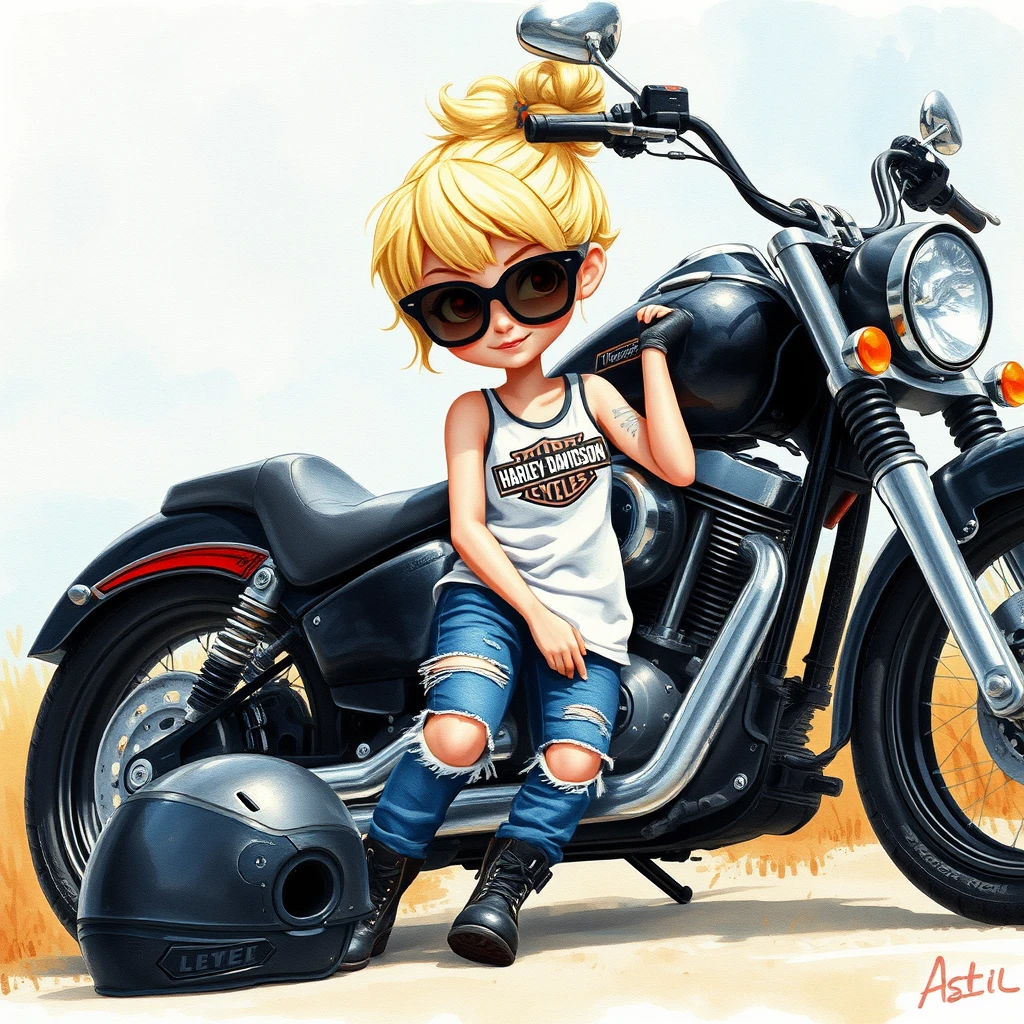 hyper detailed soft pastel watercolors alcohol ink of a whimsical little sweet blonde leaning up against her black motorcycle, wearing blue ripped jeans and a Harley Davidson white tank top, black riding boots, hair in a messy bun blonde in color, black sunglasses, has a little attitude and her black motorcycle helmet is on the ground beside her black motorcycle, soft scenery background, textured painterly on canvas, cute adorable animated movie image, 3D, HD.