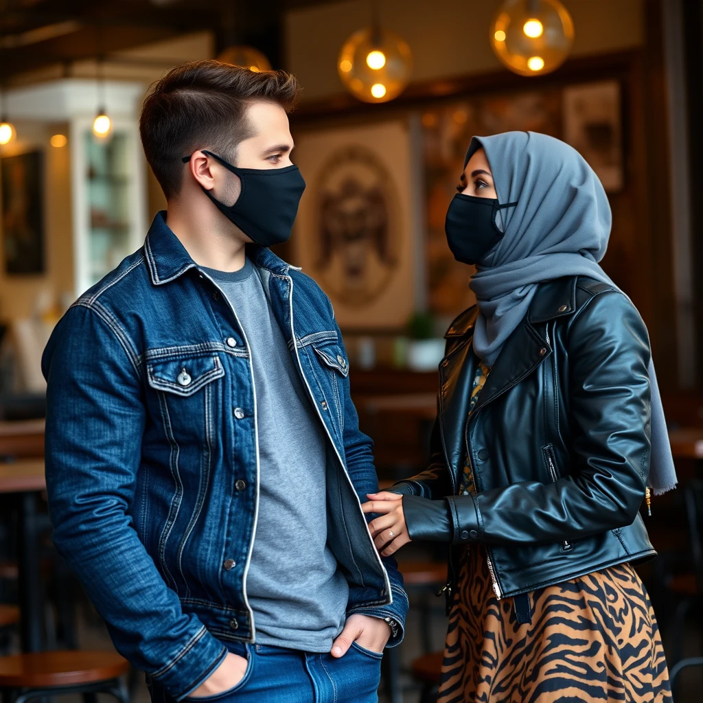 Jamie Dornan's head and body shot, handsome, black face mask, blue jeans jacket, jeans, dating with a grey hijab Muslim girl, beautiful eyes, black face mask, black leather jacket, the biggest tiger pattern skirt, at a cafe, looking at each other, photorealistic.