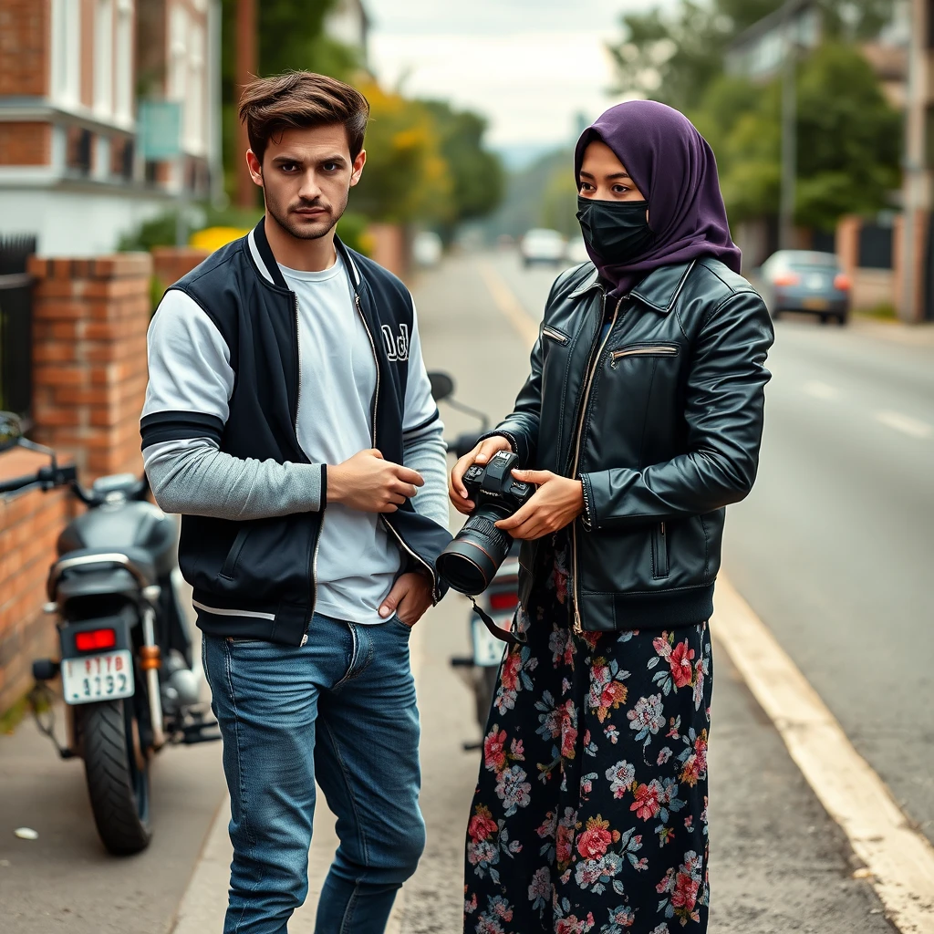 Jamie Dornan and Freddie Prinze, head and body shot, handsome, young, serious face, dark brown hair, white T-shirt, college jacket, skinny jeans, sneakers, standing, discussing with each other a short purple hijab Muslim girl, beautiful eyes, black face mask, black leather jacket, biggest floral skirt, holding a Canon DSLR camera, near a town road, superbike, hyper realistic, street photography, brick wall, full body photo.