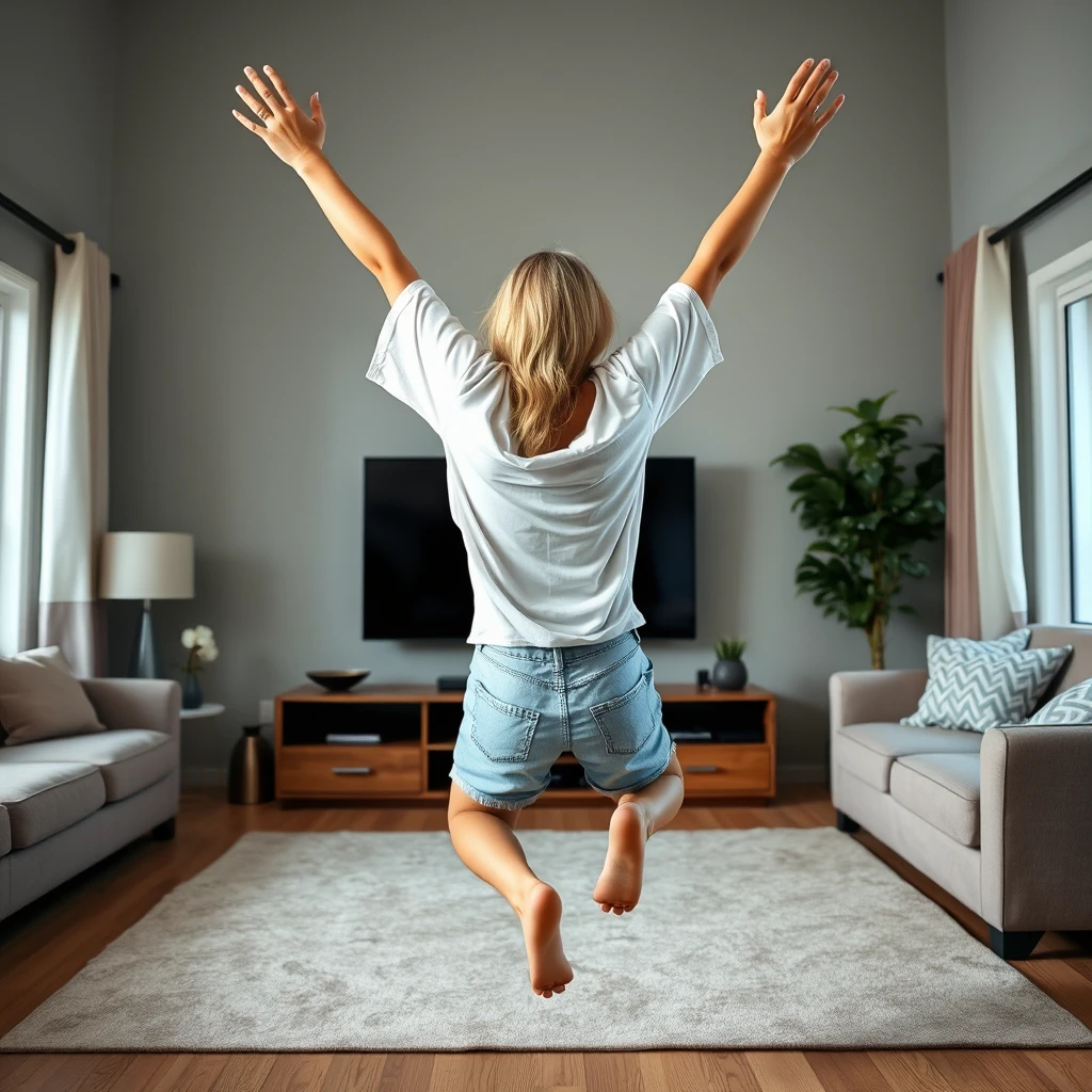 Side view angle of a blonde skinny woman who is in her massive living room wearing a massively oversized white t-shirt that is also very off balance on one of the sleeves for the shoulders and wearing oversized light blue denim shorts. She is wearing no shoes or socks and she faces her TV, diving headfirst into it with both her arms raised below her head and her legs high up in the air at a 60-degree angle, already halfway through the TV screen.