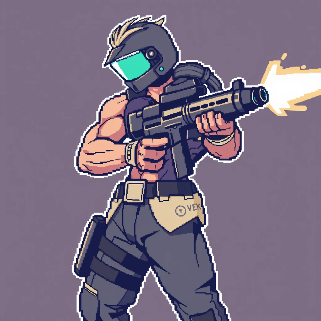 I love pixel art, draw me an action hero-like character with a machine gun in one hand. I need a more muscular figure and on a transparent background. Draw it from the side.