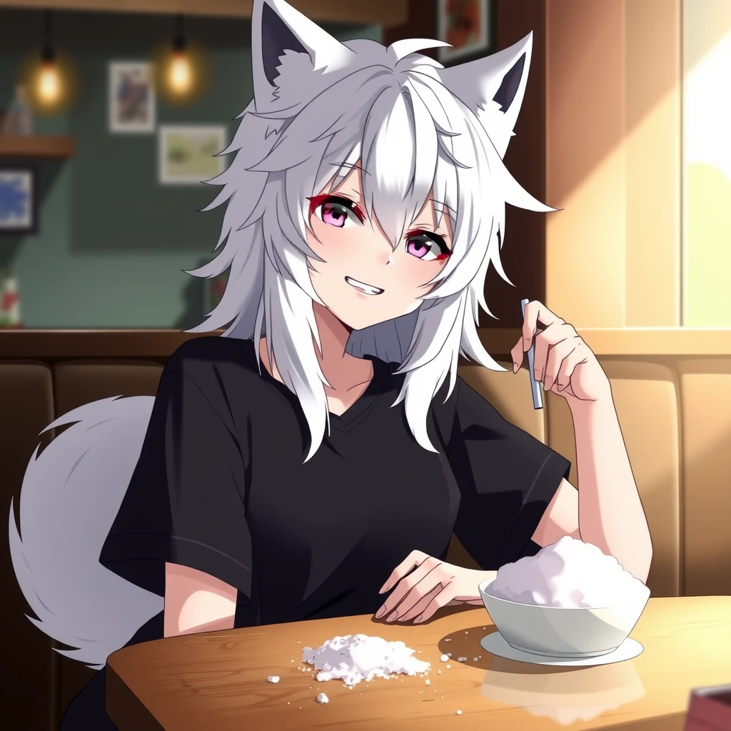 An anime woman with fluffy wolf ears and a fluffy tail, medium-length messy white hair, and purple eyes, wearing a black t-shirt, is sitting at a table in a bar. On the table is a little bit of flour. The girl looks at the flour with a big crazy smile and has a straw in her right hand. - Image