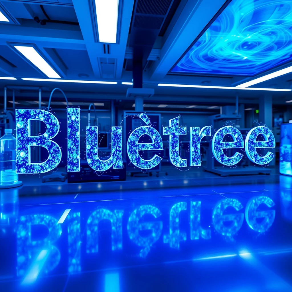 The word "Bluetree" rendered as a holographic projection floating in a high-tech quantum research lab. Each letter, 3 feet tall, is composed of swirling blue particles that mimic the behavior of quantum waves. The text pulsates and shimmers, casting an ethereal blue glow on the surrounding scientific equipment. Sleek, futuristic surfaces reflect the holographic light, creating a sense of depth and dimension. Photographed with a long exposure to capture the movement of the particle effects within the letters.