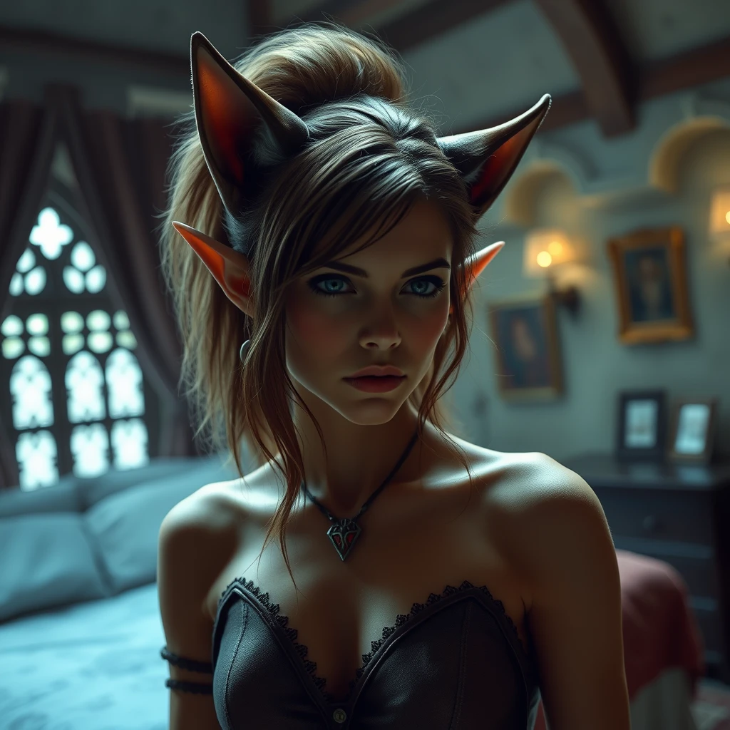 Location in a bedroom in a castle. Bright lighting on the face. Full body shot of a female elf turning into a werewolf. - Image