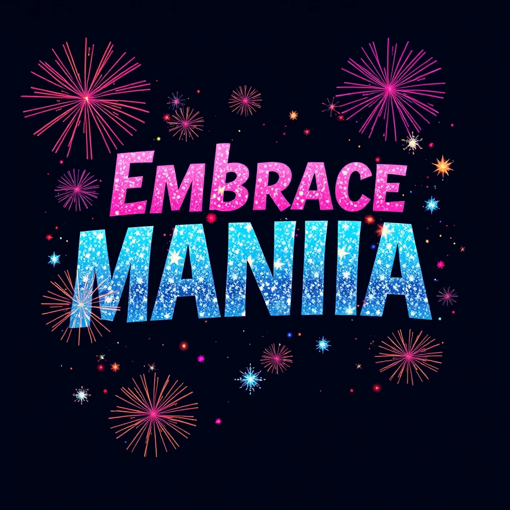 T-shirt design featuring fantastic, vibrant, glittery, yet ethereal text with galaxy-like fireworks explosions that says "Embrace Mania."