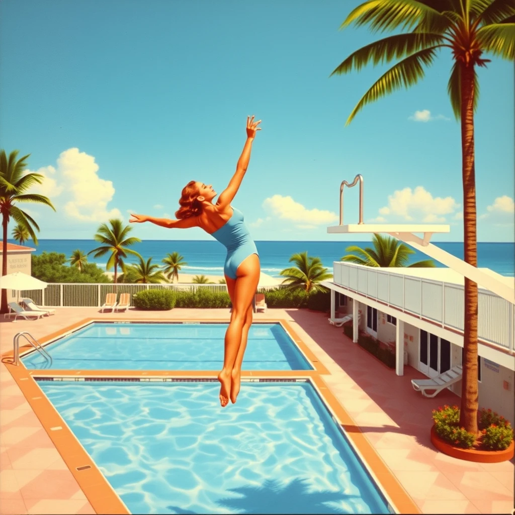 a Miami Beach postcard featuring a woman in a one-piece swimsuit, doing a jackknife dive from the diving board into a motel swimming pool, from 1956, as painted by Arthur Sarnoff, wide, landscape view.