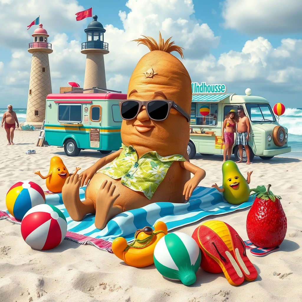 A giant potato in sunglasses and a Hawaiian shirt lounges on a beach towel surrounded by colorful beach balls and flip-flops. Nearby, anthropomorphic fruits play beach volleyball. In the background, a lighthouse sand sculpture stands next to an ice cream truck with a giant cone, serving treats to cheerful beachgoers. The scene captures a fun, playful summer vibe with the sound of waves crashing nearby. Aspect ratio 16:9.