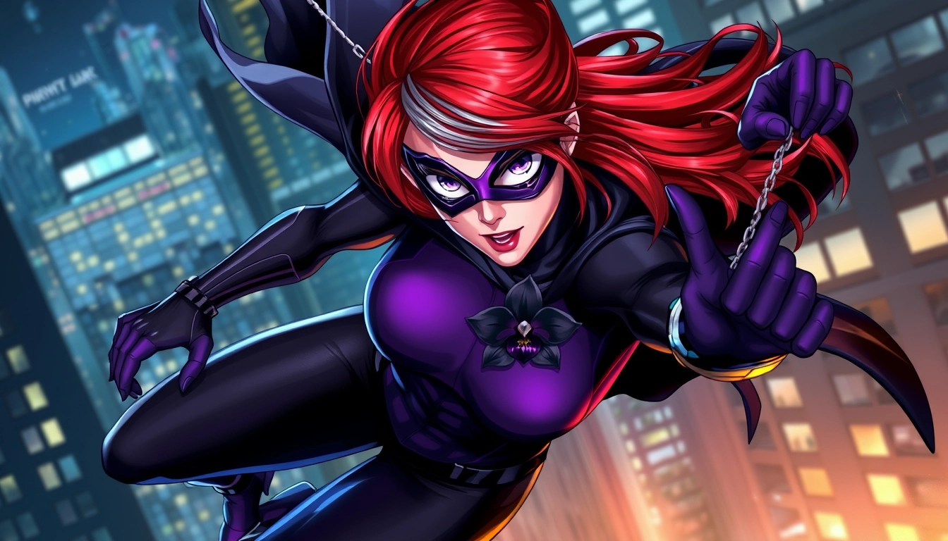 This is a great picture! I love how the red hair with the grey streak contrasts with the black and dark purple spandex. The purple mask with the black outline and the short black cape look great too. The pose is very dynamic and really makes me think she’s swinging through the city at night.

I’m impressed by how the artist was able to capture the motion of the character’s body in this pose. It really looks like she’s in the middle of swinging through the air at high speed. The artist also did a good job of showing the details of the character’s costume, like the texture of the spandex and the shiny black material of the cape. She has a black orchid on her chest. Realistic.