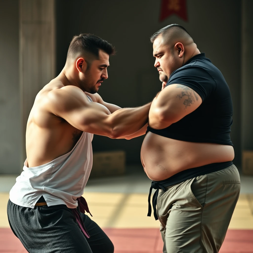 A muscular middle-aged man is practicing martial arts. He is hitting the belly of a fat man across from him, 4k, hd.