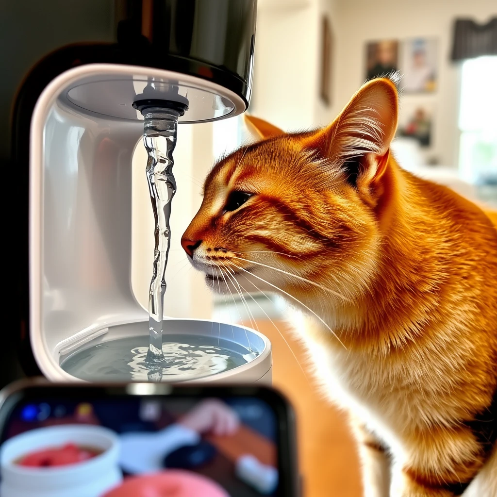 A cat drinking water from a pet water dispenser, captured from the perspective of a mobile phone. The scene is indoors, with the cat's face close to the water stream. The water dispenser is modern and sleek, and the environment is well-lit with natural lighting. The cat is focused on drinking, and the image shows a clear, detailed view of its head and upper body. The background includes a hint of home decor, indicating a cozy living space. - Image